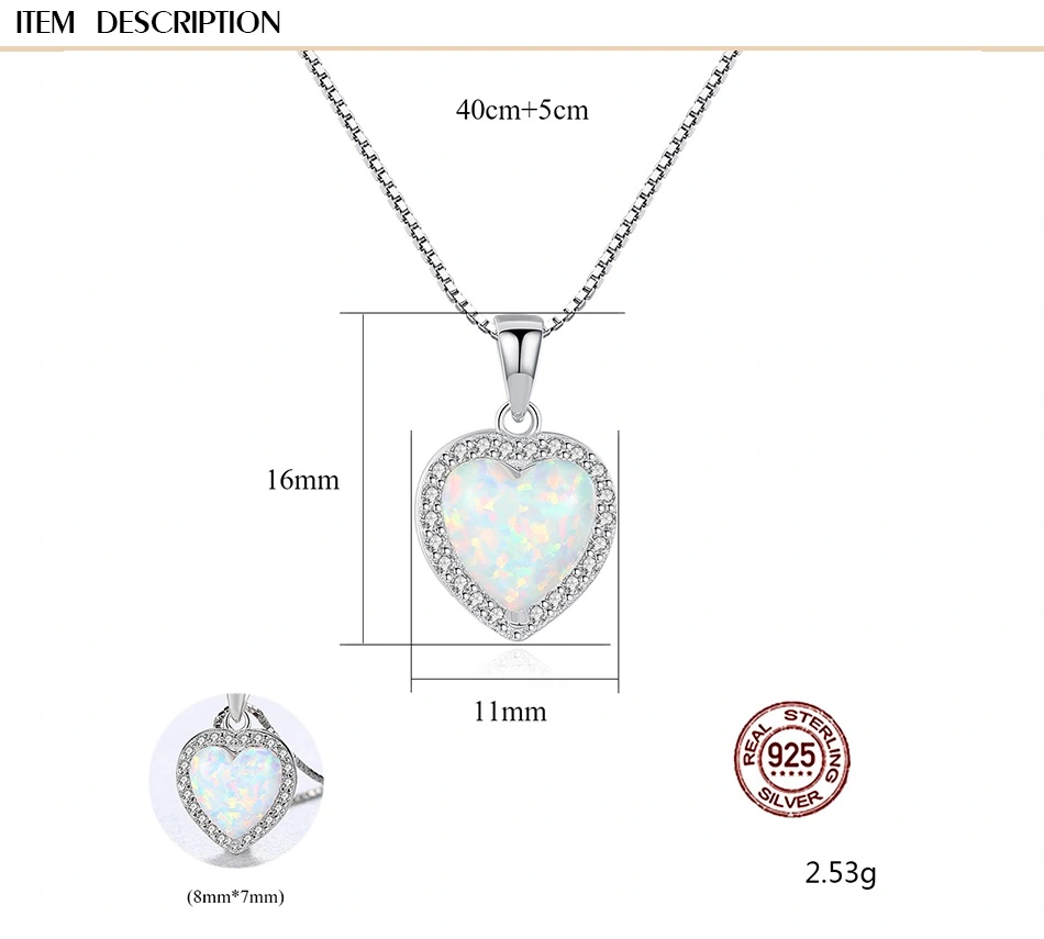 New Cubic Zirconia 925 Sterling Silver Heart Opal Pendant Necklace