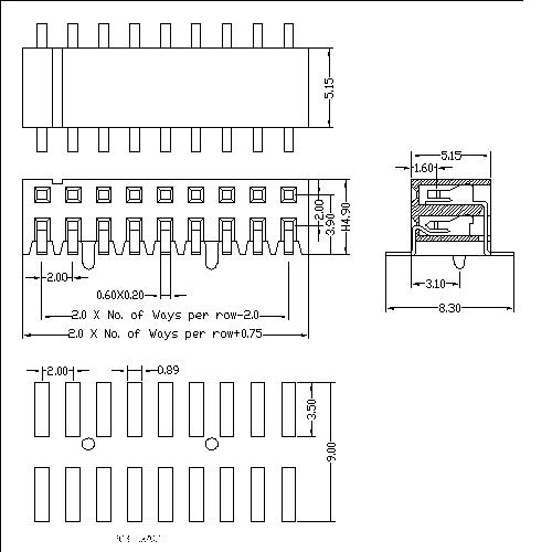 2.0 mm Female Header Dual Row SMT Side Insert Type H4.9 FHDM16B