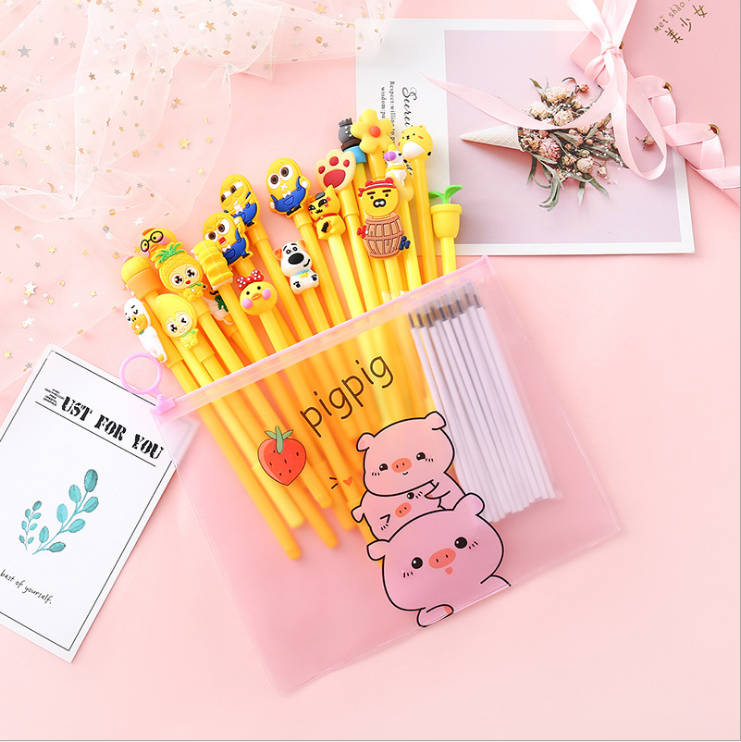 Korean Cute Cartoon Heart Customized Student Stationery Set Promotional Plastic Ball Pen Novelty Body Personalized Logo Pen Bag