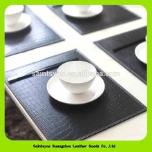 Black Crocodile Leather 4 Coaster Set Reversible Plain Woven Pattern Coaster 16018