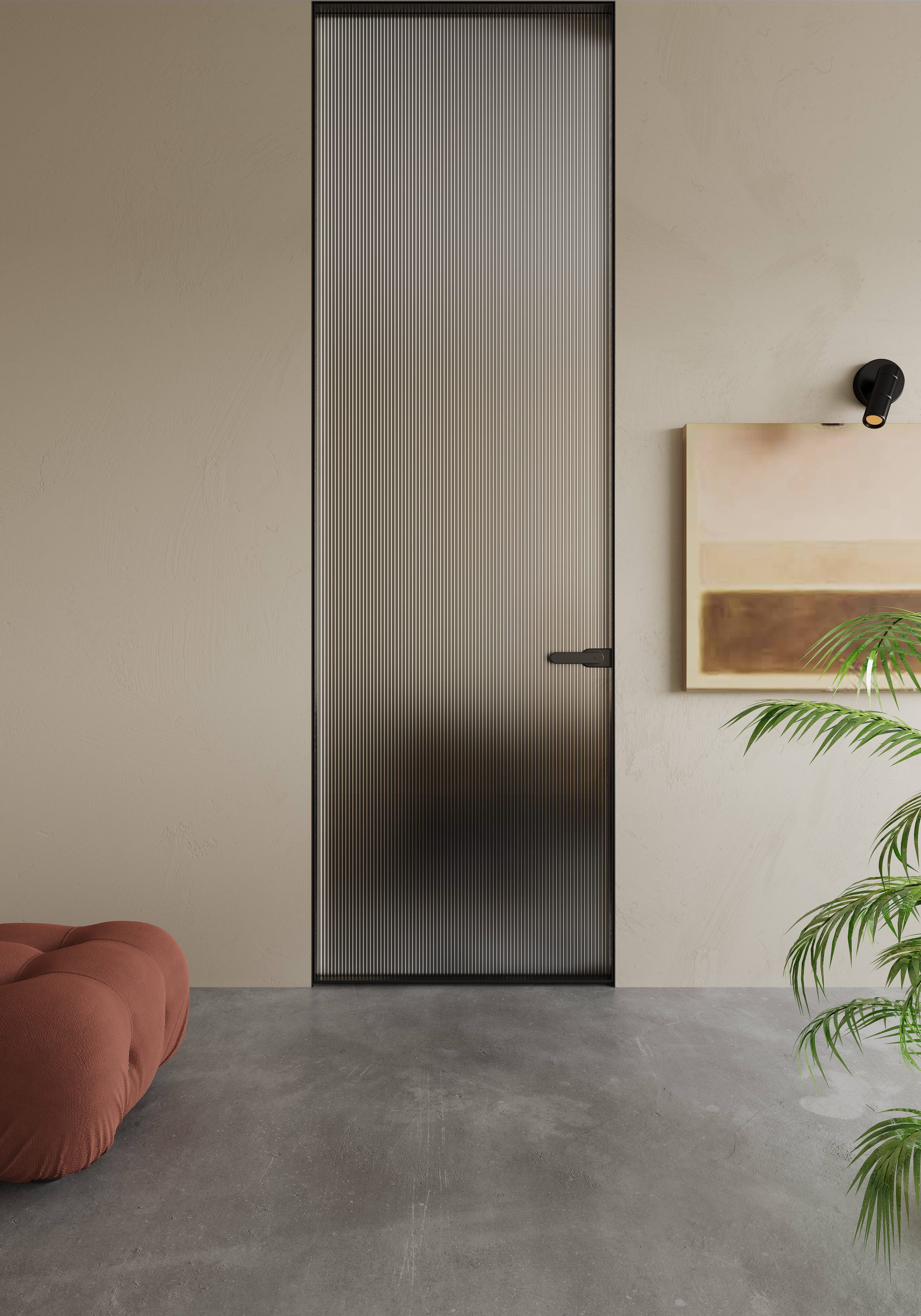 Porta giratória de vidro canelado de altura total em interior neutro