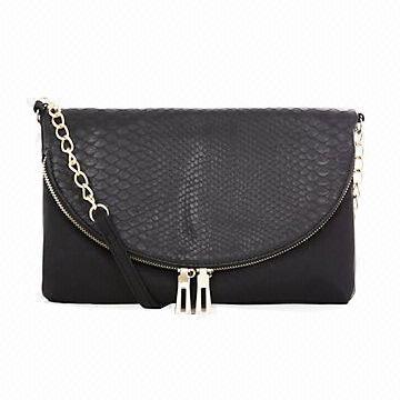 Black Snakeskin Panel Flap Across Body Bag