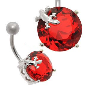 Large Jewel Silver&Steel Belly Bar Red Lizard