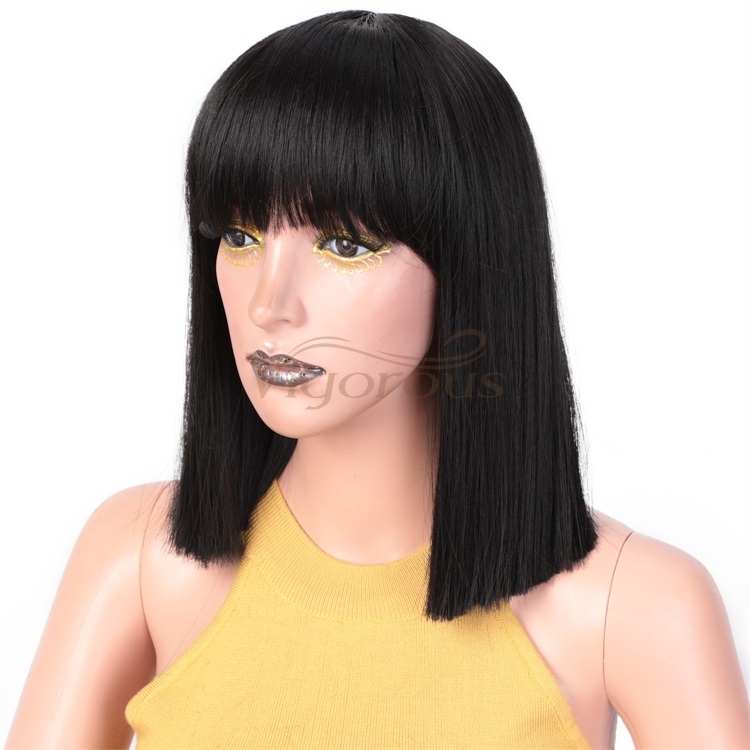Vigorous Short Black Straight Bob Wig for Black or White Women Synthetic Hair Heat Resistant Wigs with Hair Bangs