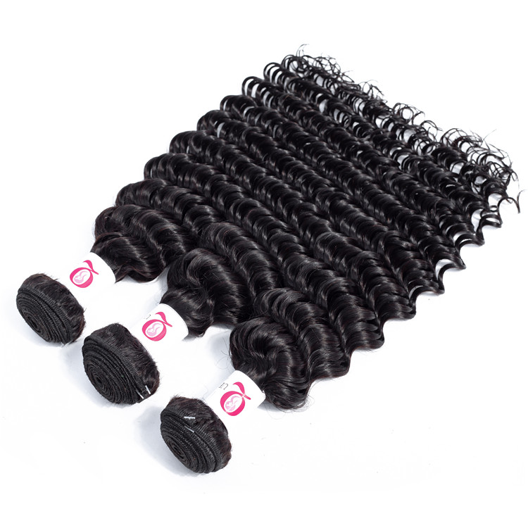 Brazilian 3 Bundles Deep Wave Human Hair Piece With Lace Closure And Frontal