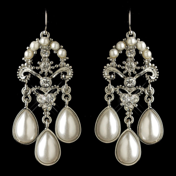 Rhodium White Pearl & Rhinestone Chandelier Earrings