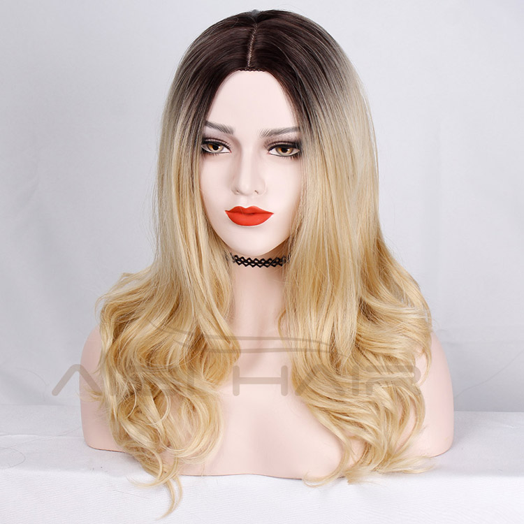 Aisi Hair Long Ombre Blonde Dark Root Middle Part Wave Wigs Heat Resistant Synthetic Fiber Cosplay Wigs for Black White Women