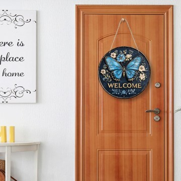 Wooden Round Welcome Butterfly Wreath Sign - Directly Hung with Rope