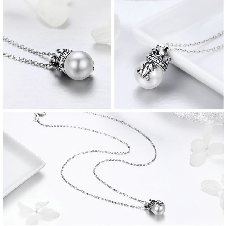 Crown Pearl Pendant Women Silver Necklace Jewelry