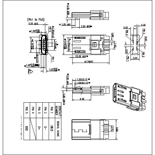 MUMS01-XXXX 1 Micro USB 5P Plug solder Front Five Rear Four 