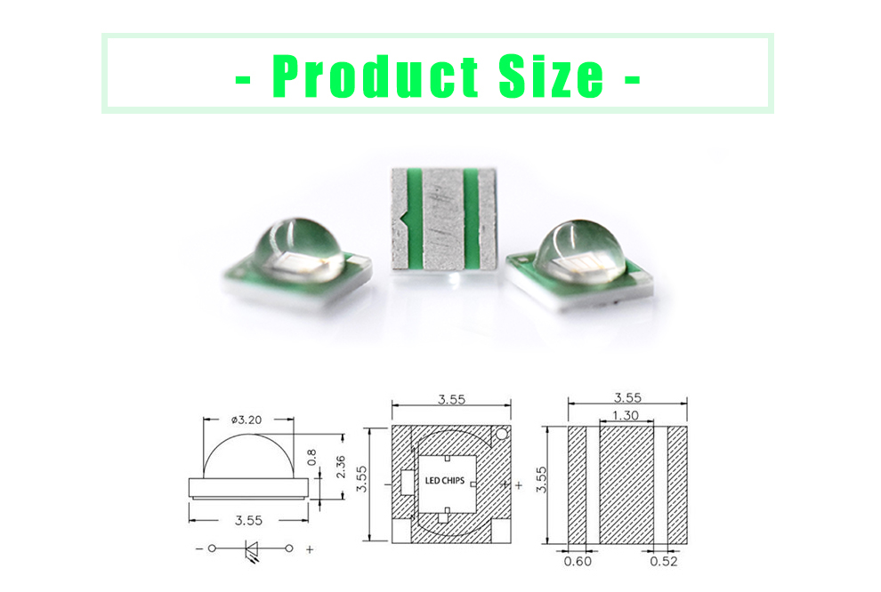 Size of 3535LGC-52D40L28 1W 3535 SMD LED Green LED Green LEDs SMT 3535 High Power LEDs