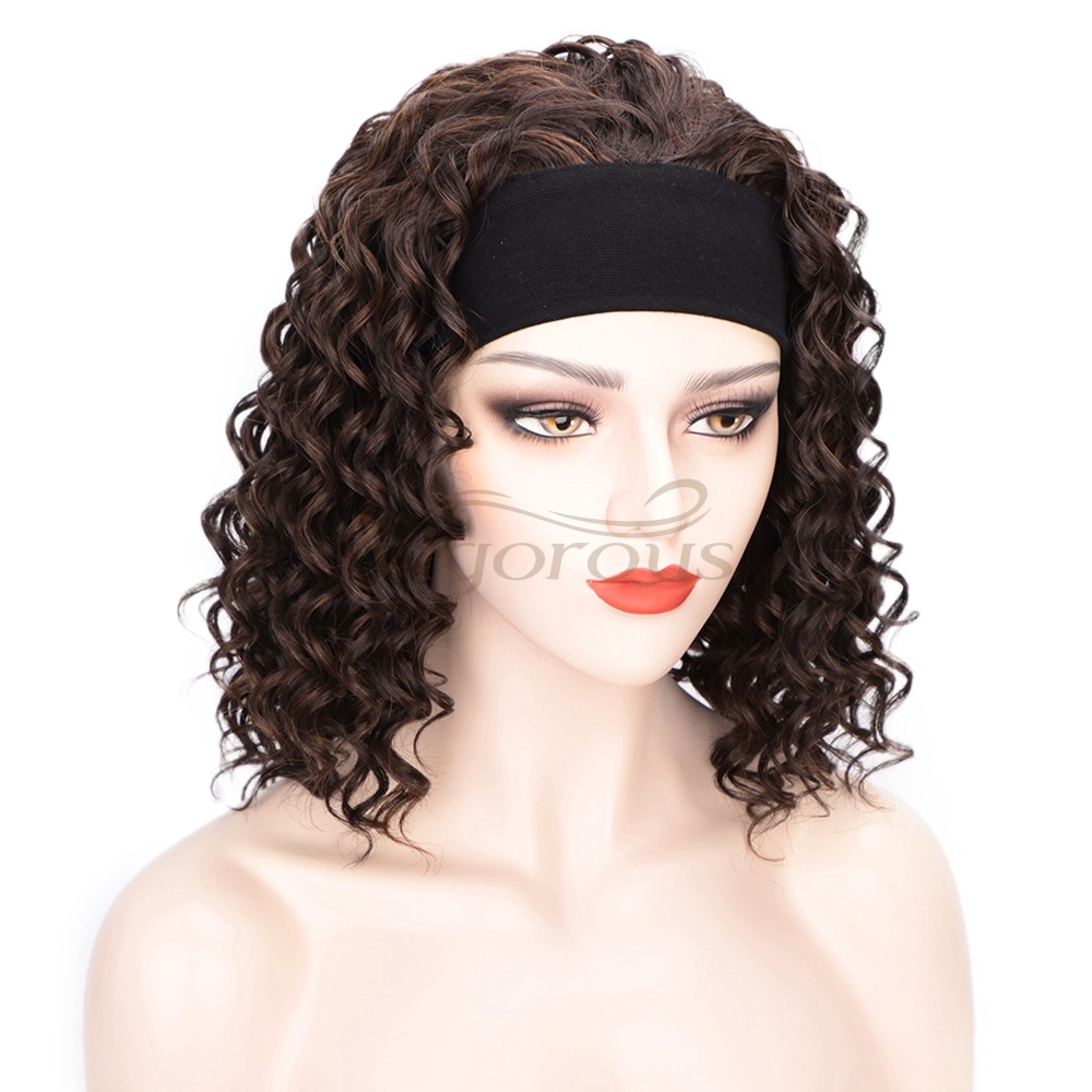 Vigorous Curly Synthetic Wigs for White Women Mixed Brown Colors African American Wigs Short 3/4 Half Wigs with Headband