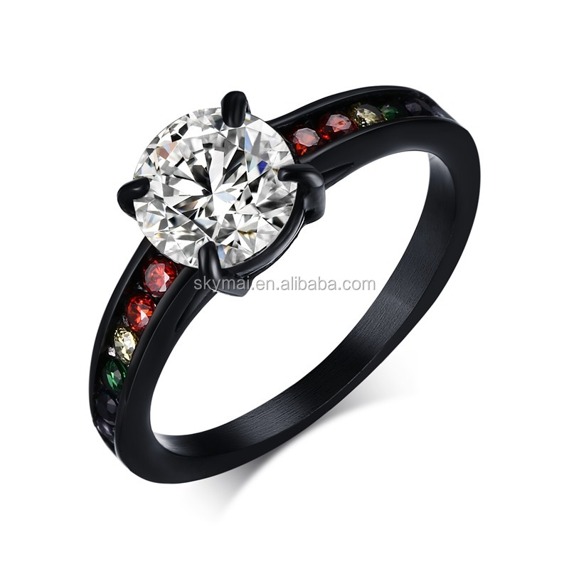 Rainbow Fashion Women Wedding Ring Stainless Steel Clear & Rainbow CZ Ring Marriage or Engagement Band Black Silver Gay ring