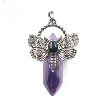Amethyst Hexagonal Pillar Silver Dragonfly Pendant for DIY Making Jewelry