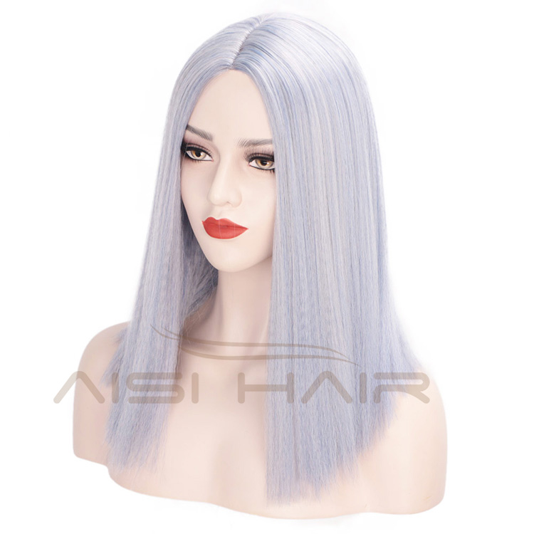 Aisi Hair Short Bob Middle Part Machine Made Wigs Yaki Grey Color Synthetic Short Cosplay Wigs for American Africans