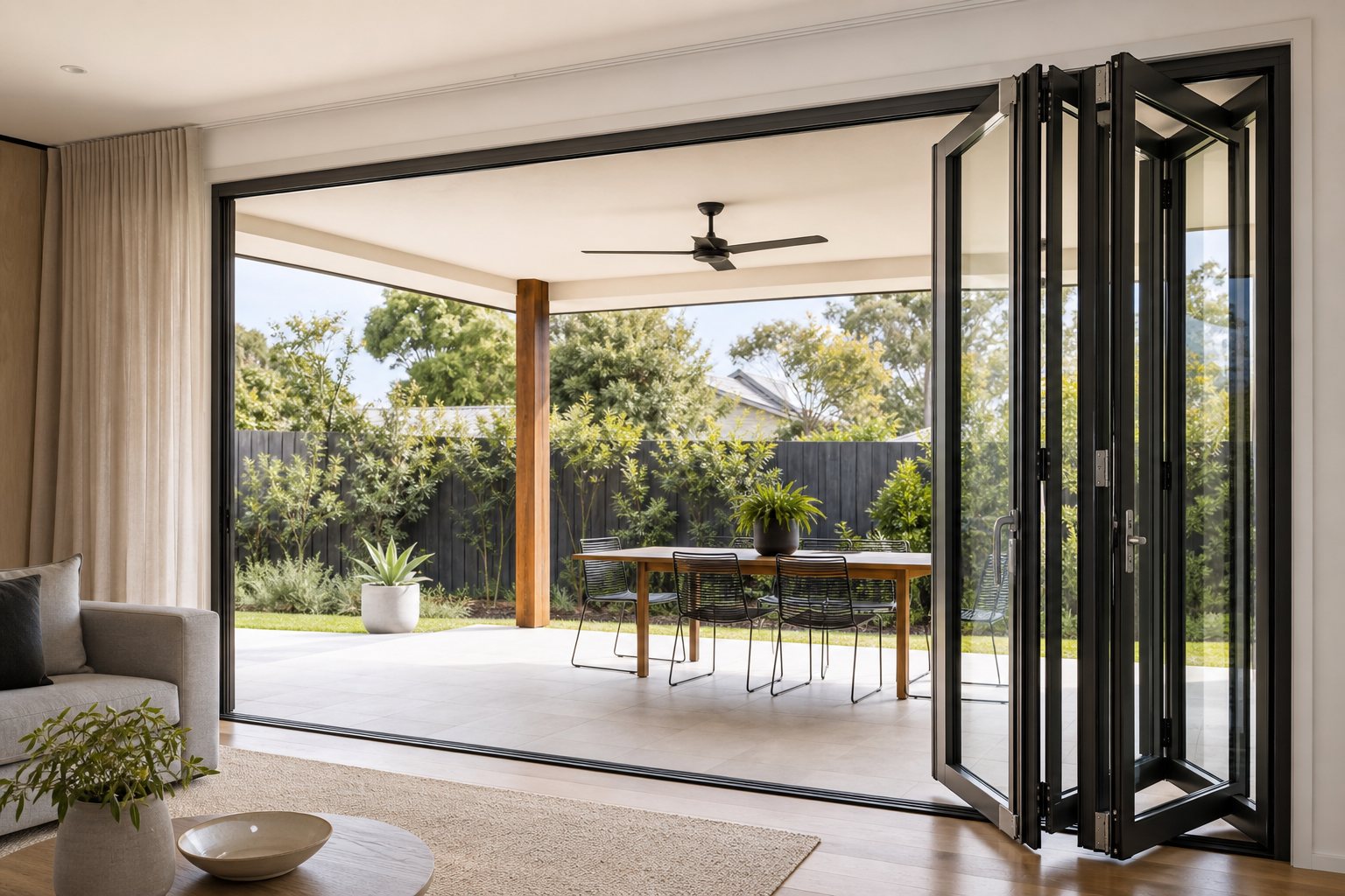 Trifold door creating an indoor-outdoor opening in an Australian home Three-panel aluminium trifold door opening an Australian living room to a covered patio