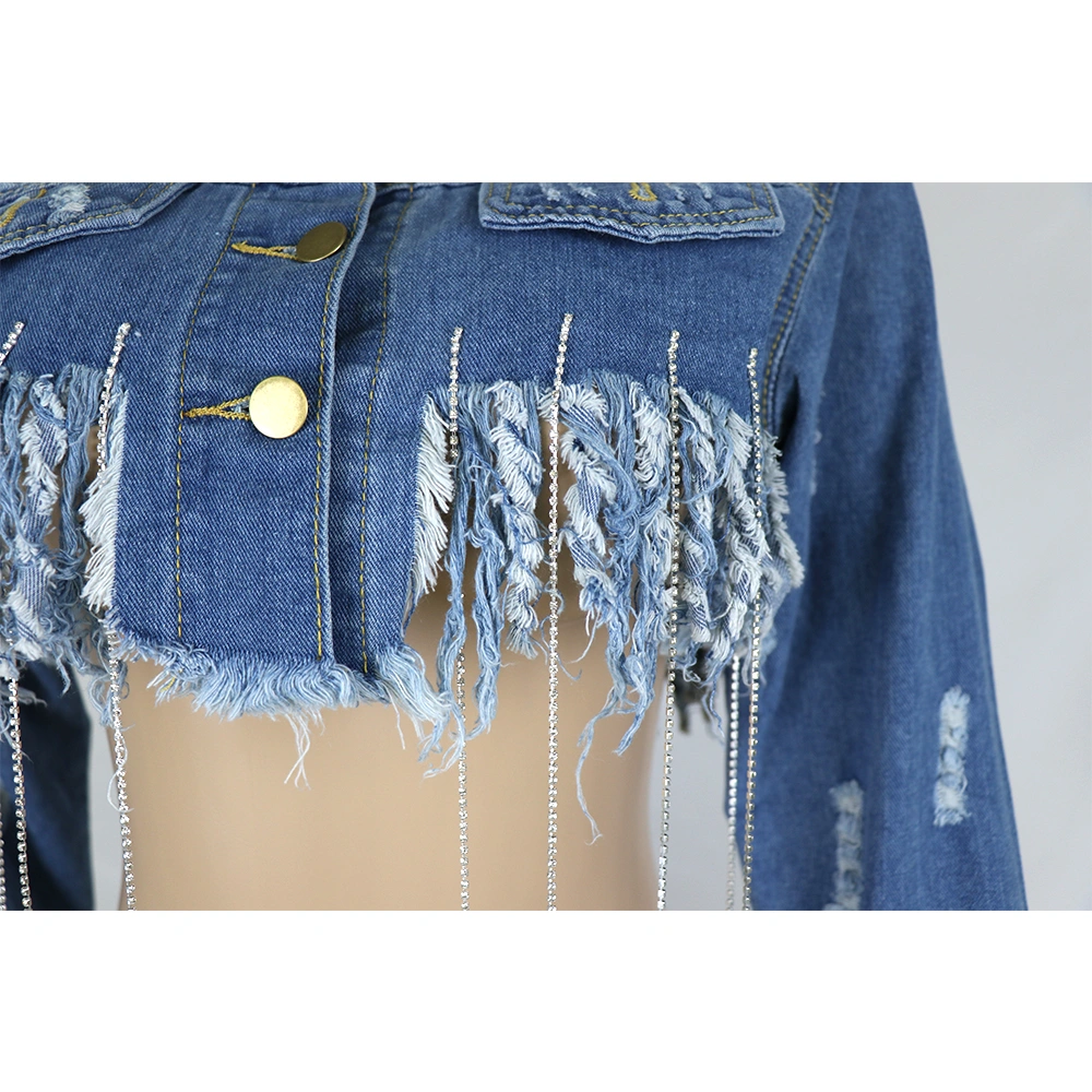 Wholesale Plus Size Denim Women Cotton Make Old Hole Tassels Jeans Jacket