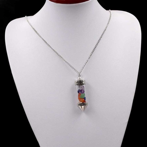 Healing Stone Chip 7 Chakra Pendulum Crystal Pendant Necklace with 80cm Chain Wish Bottle Necklace Dowsing Amulet