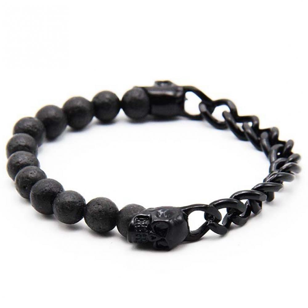 Black Vocalnic Lava Stone Bead Chain Steel Franco Chain Bangle Bangle Bracelet Vintage Skull Charme, hommes