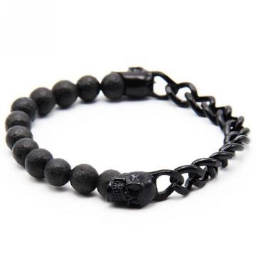 Black Vocalnic Lava Stone Bead Chain Steel Franco Chain Bangle Bracelet Vintage Skull Charm, Mens