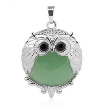 Green Aventurine 24mm Beads Silver Owl Pendant