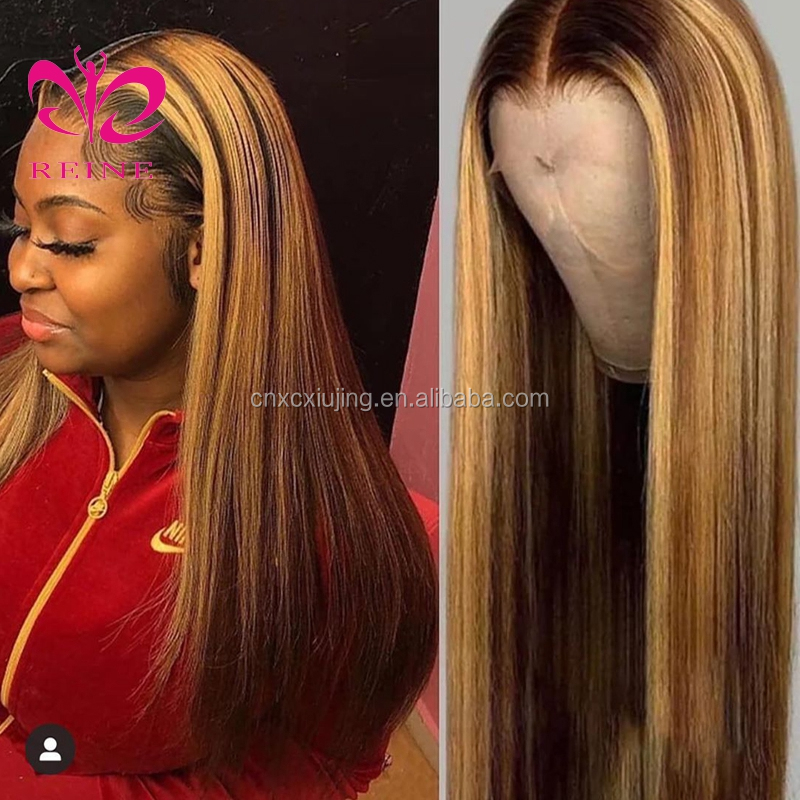 REINE  4/27 1B/27 Highlight Wig 4*4 Straight Lace Closure  Human Hair Wig Pre Plucked Ombre Piano Color