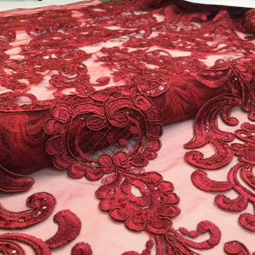 Tissu de broderie de dentelle rouge