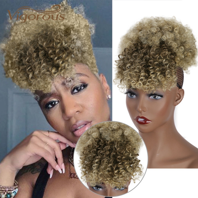 Vigorous Best Selling Wholesale Updo Ponytail Chignon With Bang Ombre Blonde Kinky Curly For Black Women Synthetic Afro Hair Bun