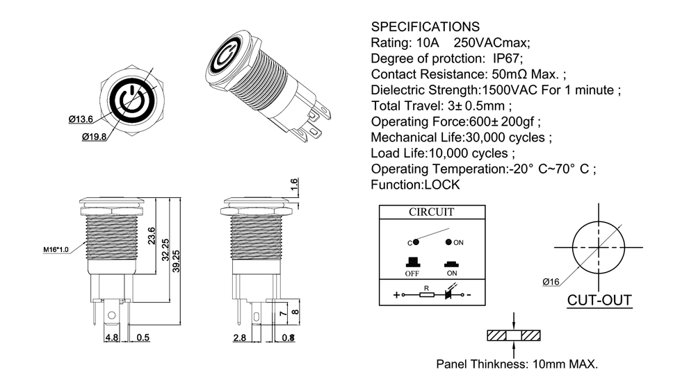 10A 250VAC Metal Pushbutton switch