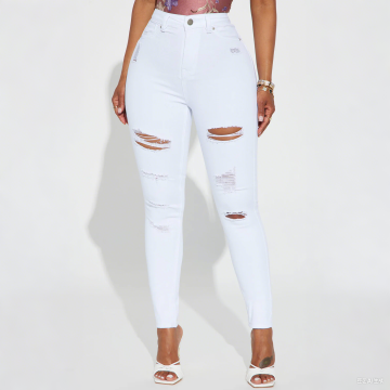 Booty Lifting Ripped High Rise Stretch Skinny Jeans White Twill Pants