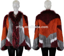 YR940 New Arrival Women Coat/Combined Color Raccoon Collar Knit Rabbit Fur Coats