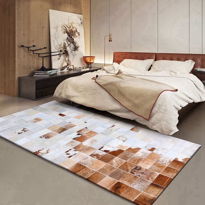 Home Hotel Cowhide Patchwork Leather Bedroom Bedside Floor Area Rugs Runner Rugs Floor Mats