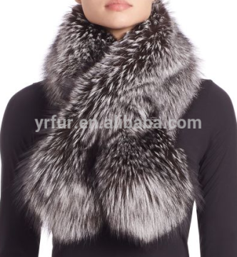 YR193 Luxe Pull through Style Genuine Silver Fox Fur Stole Plush Fox Fur Scarf