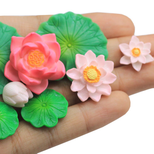 3D MIniature White Lotus Green Leaf Resin Ornament Craft Cute Bud Red Blooming Flower Fairy Garden Accessories Jewelry Shop