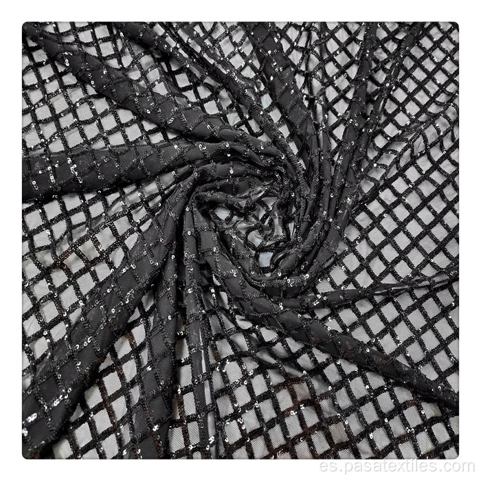 Material de malla bordado Sequin Sequin Diamante negro Diamante Bordado de malla de lentejuelas bordado en spandex