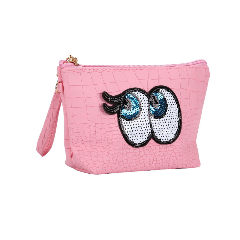 Funny Girls Fashion Cosmetic Bag Eyes Sequin Embroidery Patch Textured PU Lipstick Zipper Pouch Bag