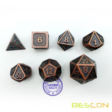 Bescon New Style Antique Copper Solid Metal Polyhedral Dice Set of 7 Copper Metallic RPG Role Playing Game Dice 7pcs Set D4-D20