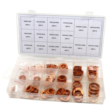 Assorted Solid Copper Crush Washers Set: 220PC, 16 Sizes - Flat Sealing Gaskets