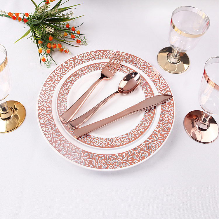 150 Pcs Rose Gold Dinnerware Set Elegant Plastic Dinner Plates, Disposable Silverware Tableware Cutlery Set