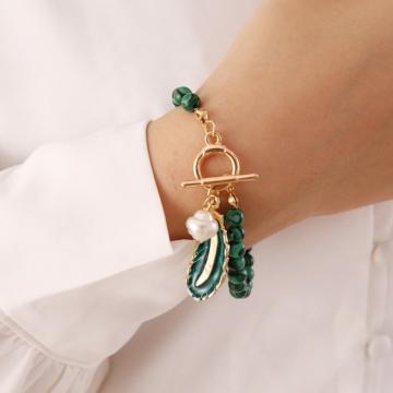 Malachite Jewelry Set for Women Girl IQ Clasp Leaf Pendant Stone Necklace and Crystal Bacelets