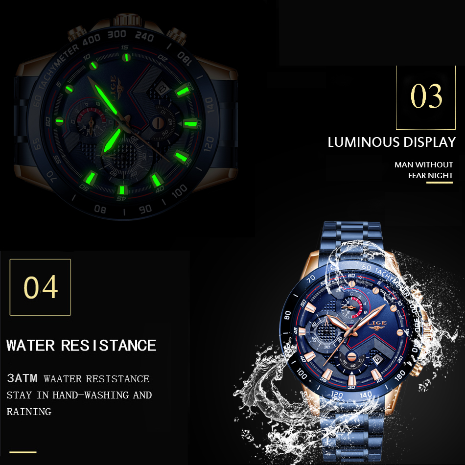 Lige 9982 Top Brand Writs Watches for Men Chronograph Full Steel Waterproof Luxury Reloj Men Watches Quartz