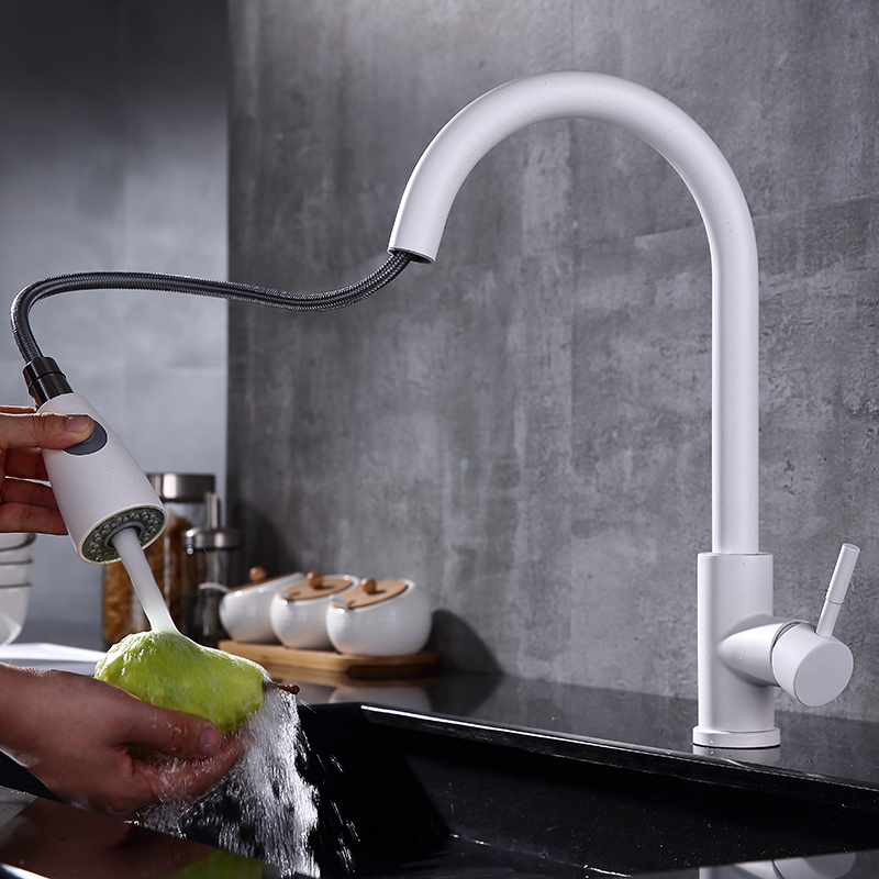 Flexible hose kitchen faucet in white color