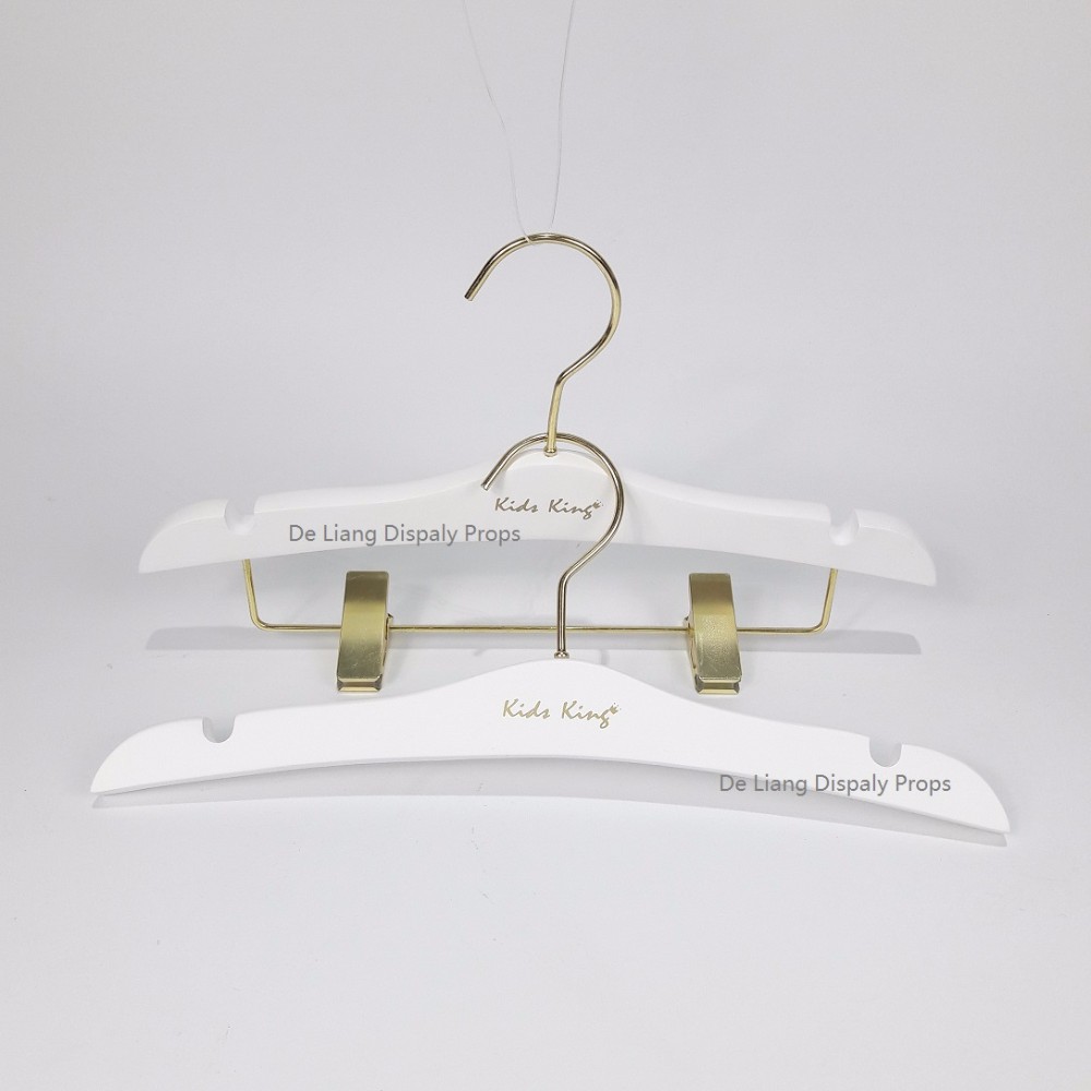 Children Matt white color wooden hanger for kids top and bottom wooden hanger with antique gold round hook hanger with clips