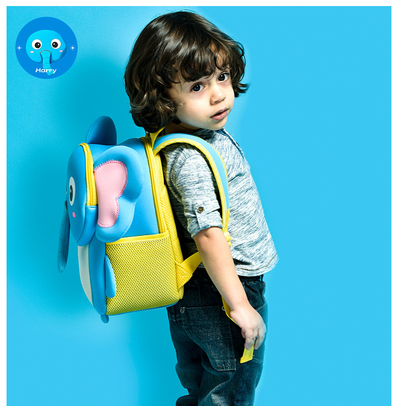 مخصصة اسم العلامة التجارية الرسوم المتحركة الأزرق الفيل للجنسين للأطفال قبل المدرسة حقيبة ظهر ابتسامة طفل الظهر حزمة طفلة على ظهره