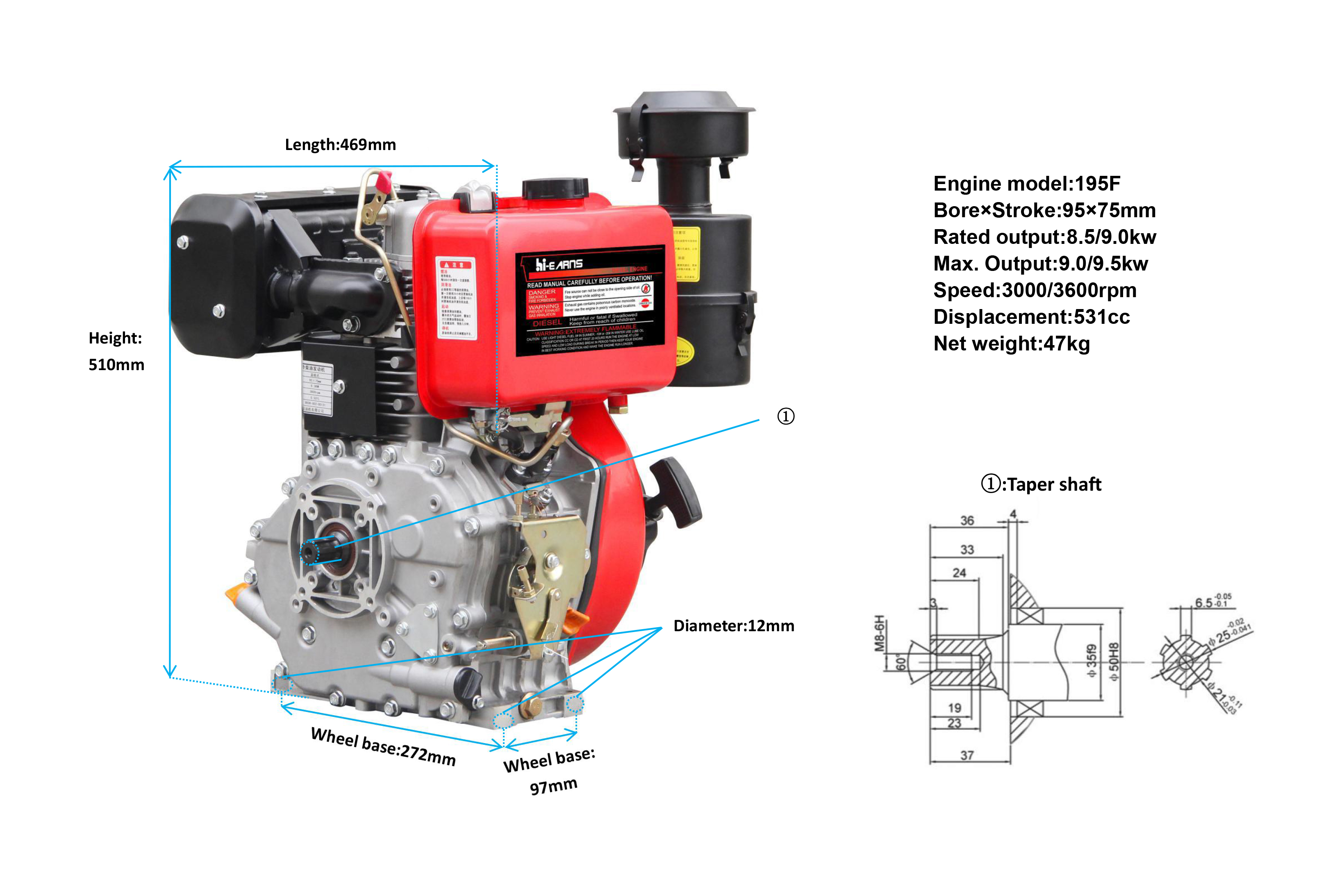 Air-cooled single cylinder 14hp 195F diesel engine for mini tractors