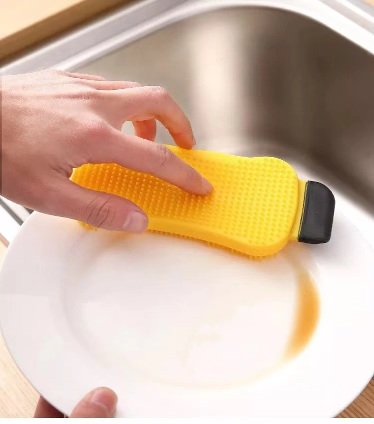 Kitchen Cleaning Tool Sponge Brush Silicone Dish Bowl Cleaning Brush Washing Pan Dish Bowl Sponge Scraper With Soap Dispenser