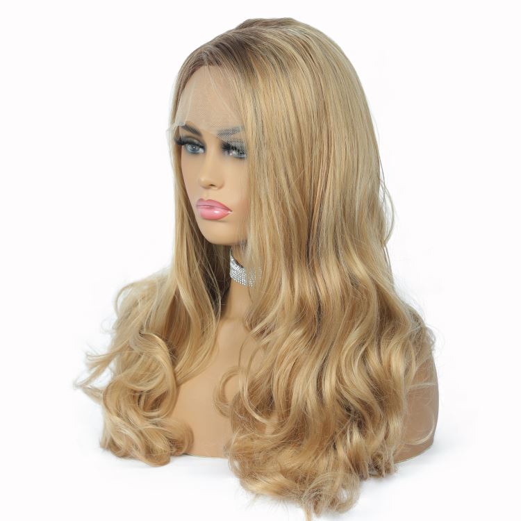 honey blonde synthetic wigs wavy,shaggy synthetic wig,synthetic highlight wig with lace front