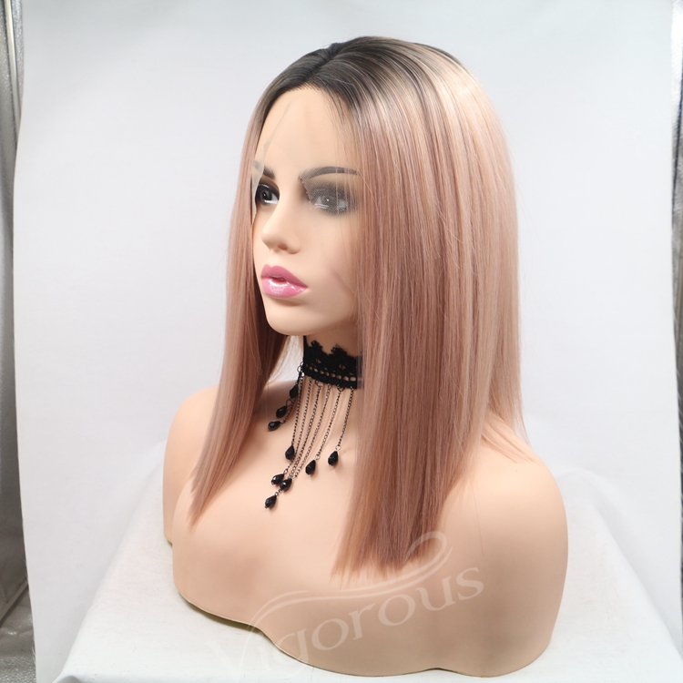 Bob blonde straight ombre wholesale high quality heat resistant cheap synthetic short wig with lace front