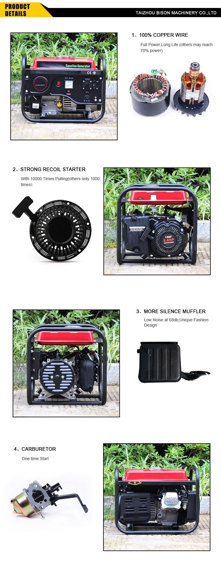 BISON CHINA 1000w Electric Generator AC Dynamo Air Cooled Small Petrol Engine Generator 1kw