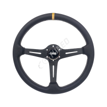 JDM 380mm/15inch Black Spoke Leather Steering Wheel with White Stitching